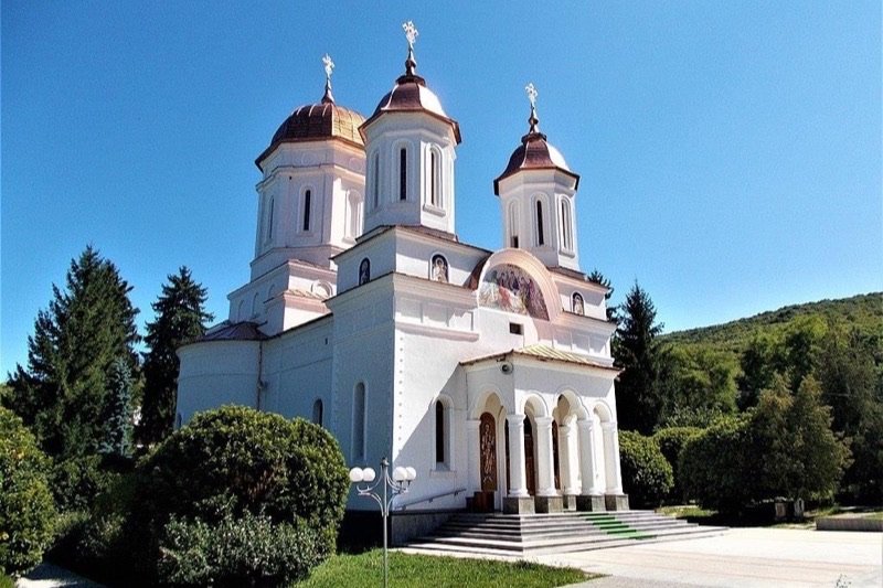 Biserica mare a Mănăstirii Cocoș, cu acoperiș verde, pe povârnișul dealului împădurit